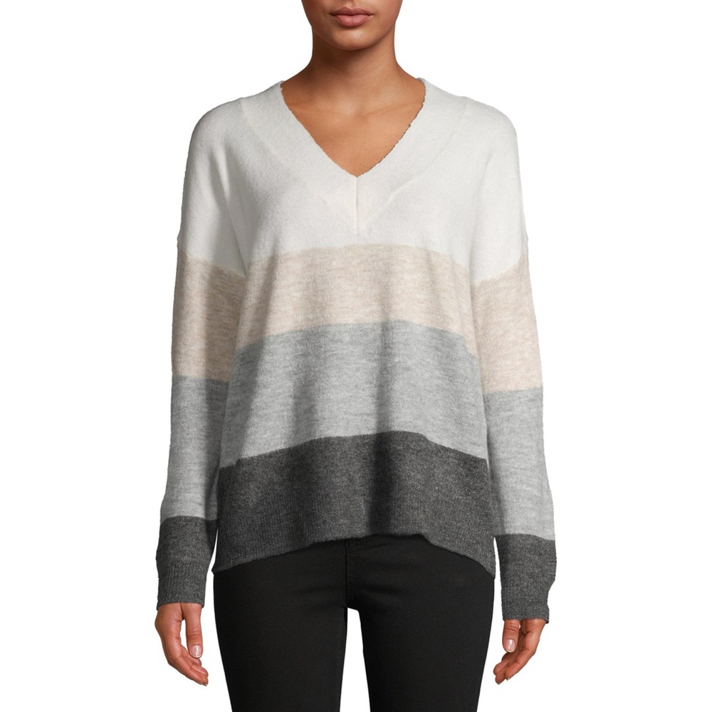 V-Neck Cream, Brown & Grey Striped Sweater Size Small